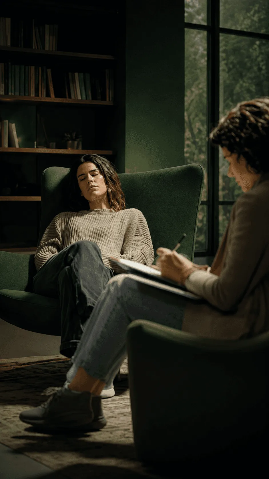Someone talking with a therapist in a calm, green room